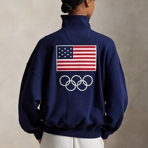 NWT Polo Ralph Lauren Team USA Fleece Buttoned Mockneck Sweatshirt Navy M